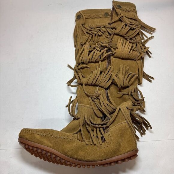 Minnetonka Womens 6 M Brown Layer Fringe Mid Calf Boots Display HS5 - Picture 3 of 6
